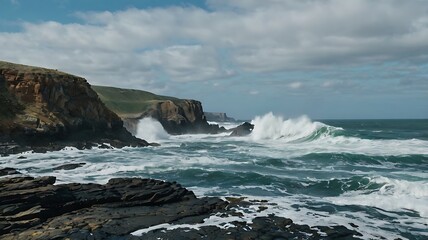 Crashing Waves Against Rocky Coastline Under a Cloudy Sky