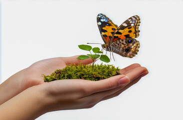 Gentle hands nurture new life with a butterfly resting on a vibrant green sprout in a tranquil setting. Generative AI
