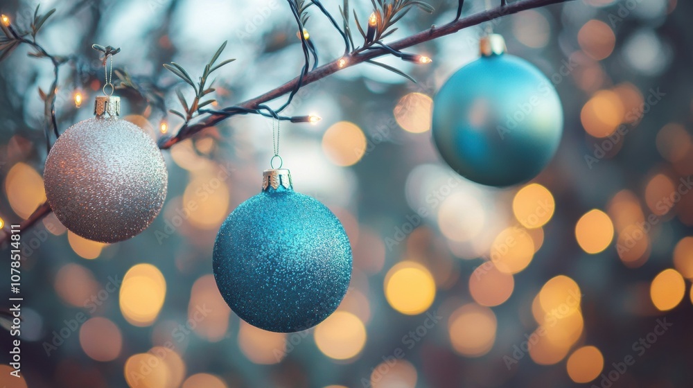 Poster three vibrant christmas ornaments dangle from a branch, surrounded by soft, glowing lights that crea
