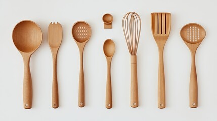 Stylish and Eco-Friendly Kitchen Utensils Displayed on a Light Background, Featuring Various Wooden Tools for Cooking and Baking in Minimalist Design