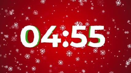Christmas-themed 5-minute countdown with snowflakes and a bold timer on a red background, ideal for adding seasonal charm to holiday streams and gatherings