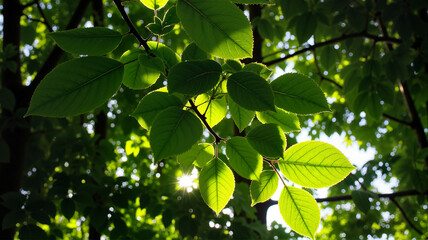 Sunlit green leaves on tree branch
