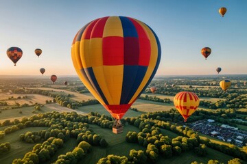 Paisaje aéreo con globos aerostáticos coloridos, turismo, viaje