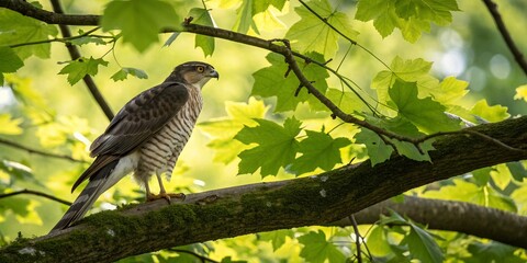 Obraz premium Eurasian Sparrowhawk Perched Elegantly on a Tree Branch Amidst Lush Green Foliage Showcasing Nature’s Beauty and the Intricacies of Wildlife in a Serene Environment