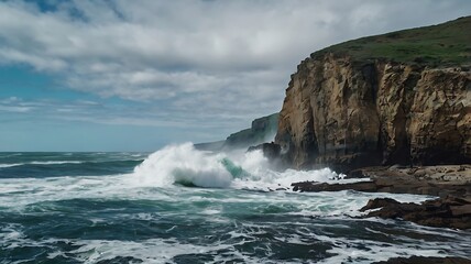 Fototapeta premium A Powerful Wave Crashing Against Coastal Cliffs