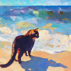 A cat at the beach in impressionist style, capturing soft brushstrokes and vibrant colors of the seaside atmosphere, perfect for art-related projects, coastal themes, or pet lovers