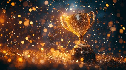 A shining golden trophy amidst a flurry of glittering lights, symbolizing success and celebration, perfect for awards and victories in athletic or corporate events.