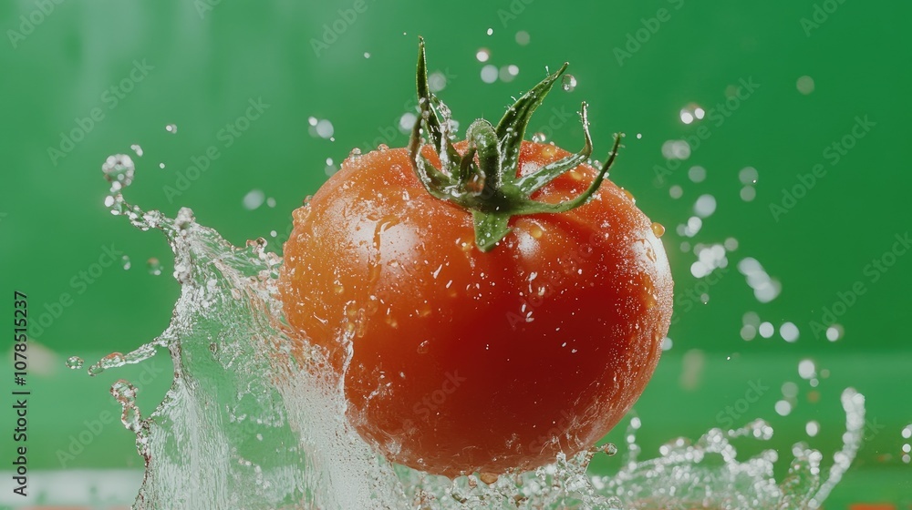 Poster a dynamic tomato bursting open with water splashing in all directions, set against a vivid green bac