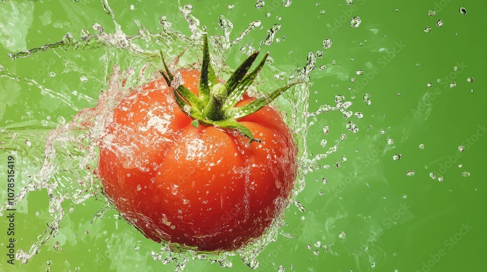 Aufkleber a dynamic tomato bursting open with water splashing in all directions, set against a vivid green bac