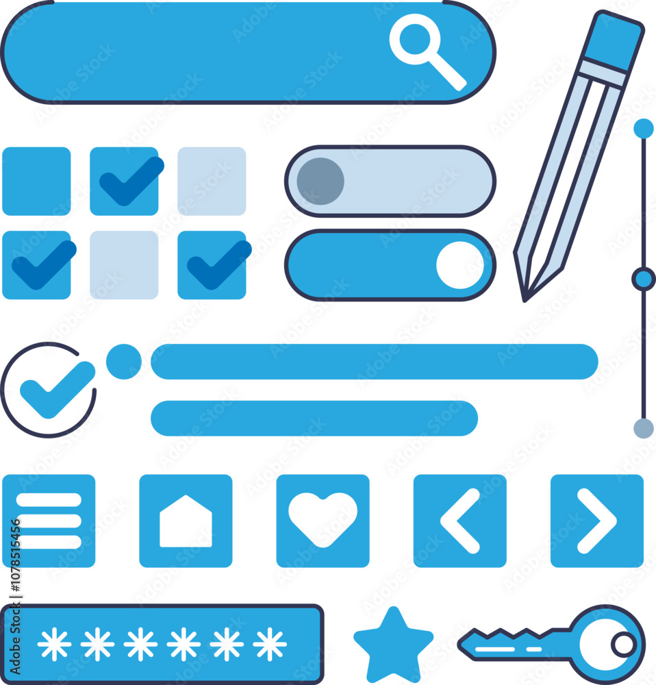 Poster ui elements like buttons, toggles, and icons in blue tones for web design.
