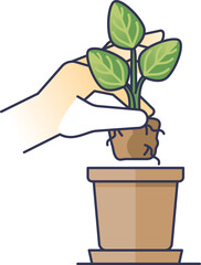 Hand transplanting a seedling into a pot, symbolizing growth and nurturing.