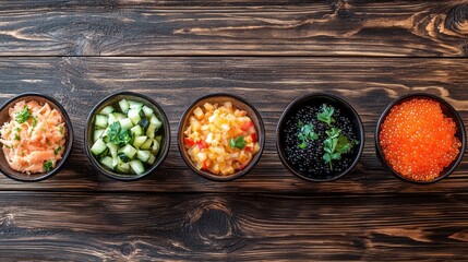 Colorful Bowls of Fresh Ingredients on a Wooden Table, Featuring Diced Vegetables, Fish, and Vibrant Garnishes for a Delicious Culinary Presentation