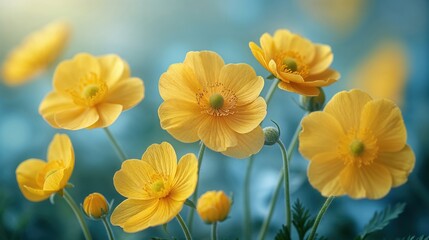 Yellow buttercups against turquoise blue background. Delicate petals and stems create romantic garden scene. Perfect macro photography for spring nature content. 8k