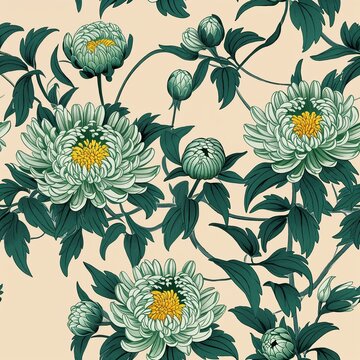 Green Chrysanthemum flower pattern design illustration on plain background seamless wallpaper print