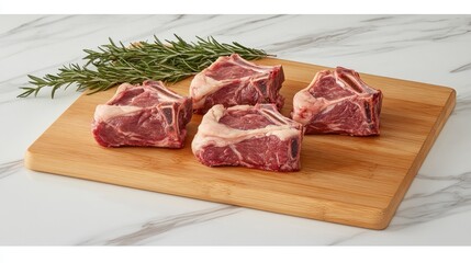Fresh Raw Lamb Chops on a Wooden Cutting Board with Rosemary Garnish, Perfect for Culinary Presentation and Gourmet Cooking Inspiration