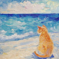 A cat at the beach in impressionist style, capturing soft brushstrokes and vibrant colors of the seaside atmosphere, perfect for art-related projects, coastal themes, or pet lovers