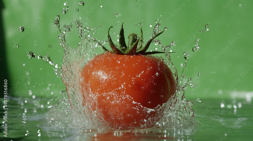 Poster a dynamic tomato bursting open with water splashing in all directions, set against a vivid green bac