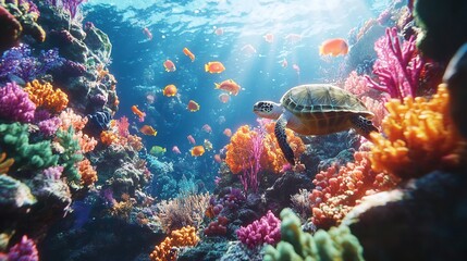 Obraz premium A coral wonderland comes to life with turtle swimming through radiant hues