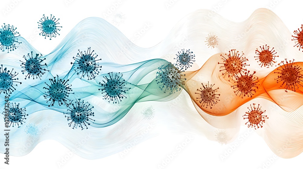 Poster abstract representation of virus particles and fluid dynamics, illustrating the interaction between 