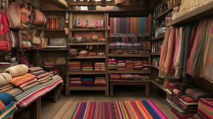 A small shop filled with colorful woven textiles, blankets, and bags.