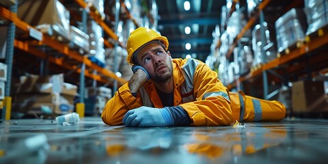 Portrait of tired male worker in yellow uniform sleeping on floor in warehouse