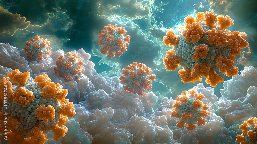 Aufkleber stunning visualization of virus particles floating above colorful clouds in a dramatic sky with ligh