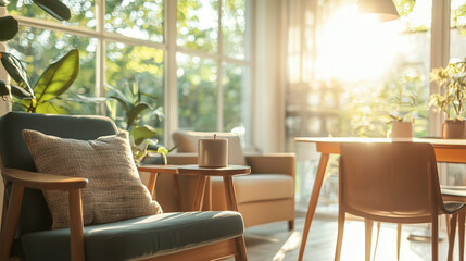Fototapeta premium Stylish Home Living Room with Natural Light and Dining Area