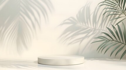 Obraz premium Simplistic abstract background featuring a premium podium with the shadow of tropical palm leaves for a cosmetic product display AI generated illustration