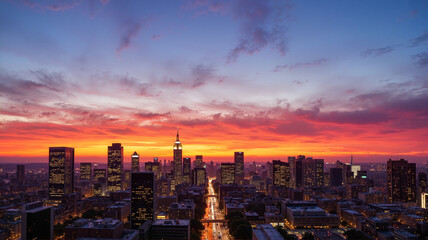 Fototapeta premium Sunset skyline view over a vibrant cityscape