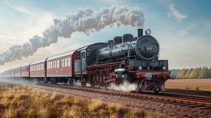 Naklejka premium Vintage locomotive retro old steam train transportation concept with old pictures background wallpaper AI generated image