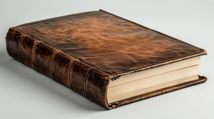 Obraz premium A closed brown leather-bound book with visible pages.