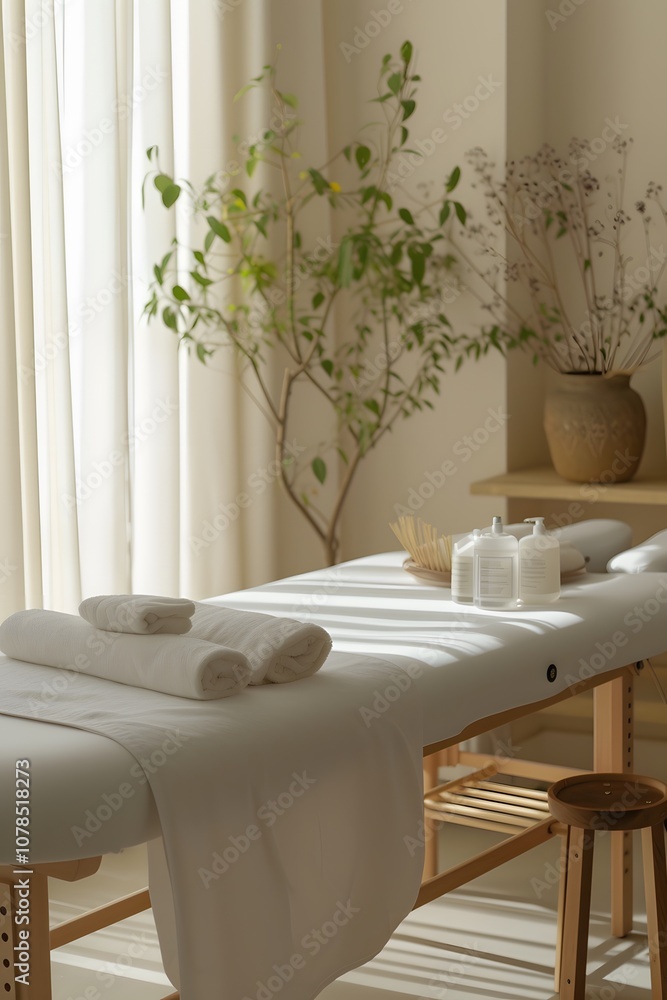 Poster simulate the feeling of relaxation with a minimalist image of a spa massage table ai generated illus