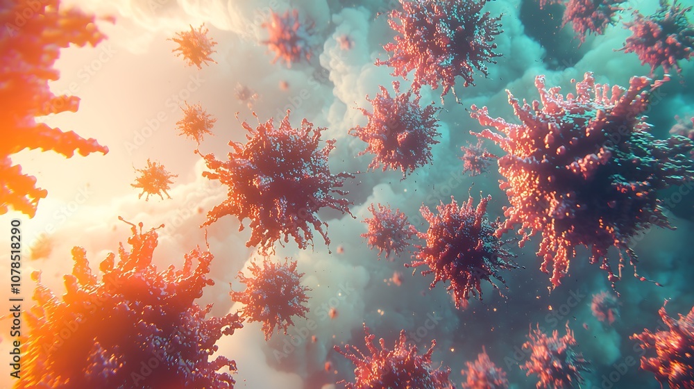 Poster abstract representation of microscopic viruses floating in a colorful atmosphere, showcasing intrica