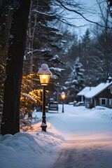Single lantern lighting up a snowy path in a quiet rustic town AI generated illustration