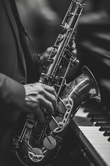 Fototapeta premium Single saxophone solo in a strippeddown jazz club setting AI generated illustration