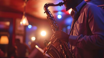 Fototapeta premium Single saxophone solo in a strippeddown jazz club setting AI generated illustration