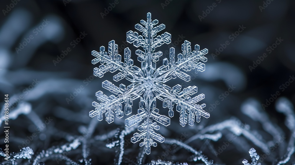 Poster single snowflake captured in macro emphasizing its ethereal symmetrical design ai generated illustra