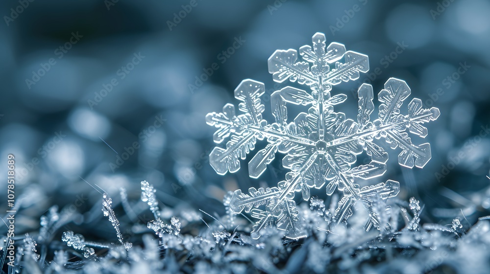 Poster single snowflake captured in macro emphasizing its ethereal symmetrical design ai generated illustra