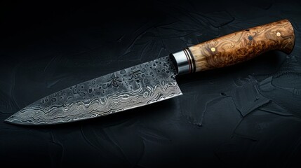 A Damascus steel chef's knife with a wooden handle, lying on a black background.