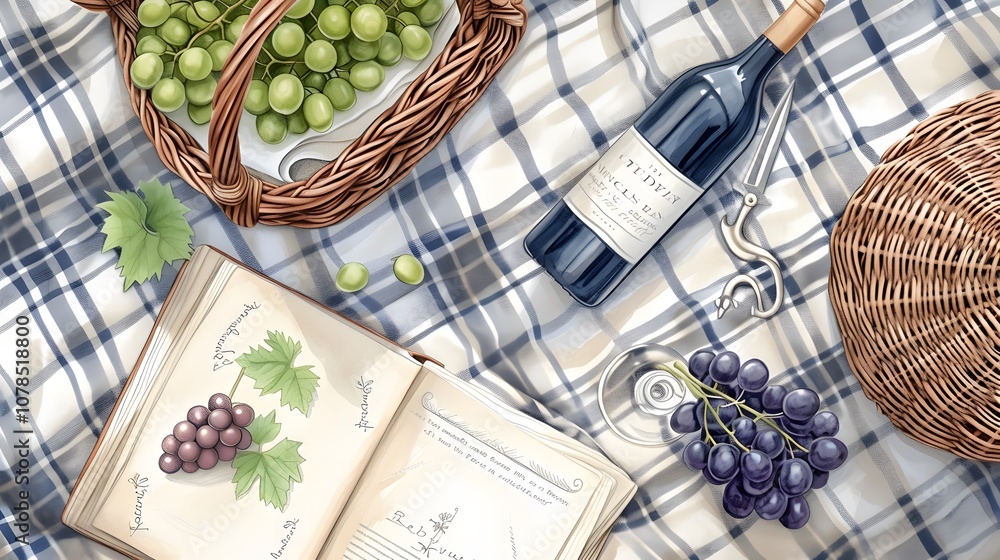 Poster sketch an overhead view of a pristine picnic set on a checked blanket featuring a basket wine bottle