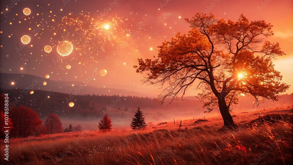 Aufkleber festive orange and red glowing bokeh background with ethereal floating light particles for a magical