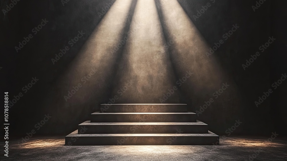 Poster dramatic lighting on stone steps in an empty dark space creating a unique atmosphere for backgrounds