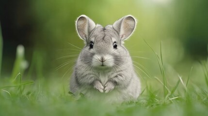 Cute chinchilla sitting in grass. Perfect for pet, animal, or nature projects.