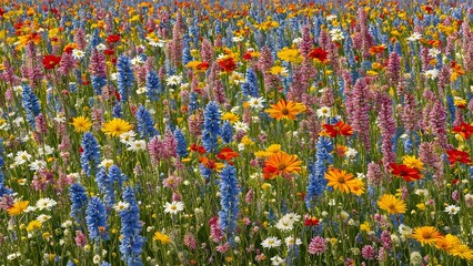 A field of blooming wildflowers in vibrant colors under a clear blue sky, AI Generated