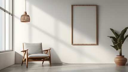 Sleek modern room showcasing a minimalist cinema poster within a wooden frame AI generated illustration
