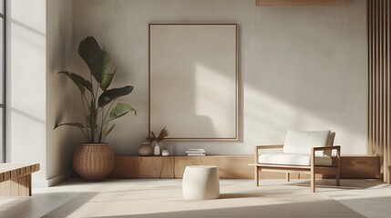 Sleek modern room with a poster showcasing minimalistic cinematic art in a wooden frame AI generated illustration