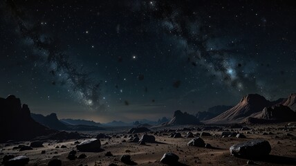 A rocky desert landscape under a starry night sky with the Milky Way galaxy visible.