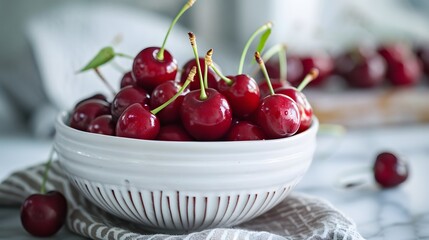 Sleek white bowl filled with rubyred cherries AI generated illustration