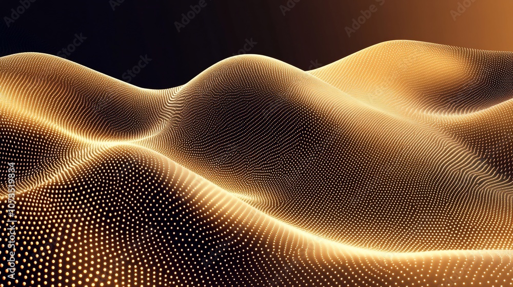 Poster abstract golden wave pattern with glowing dots on dark background.