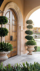 Naklejka premium Elegant wooden front door with ornate details, flanked by topiary plants and a serene waterscape in the background.